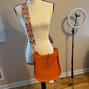 Orange Crossbody Bag with Patterned Strap